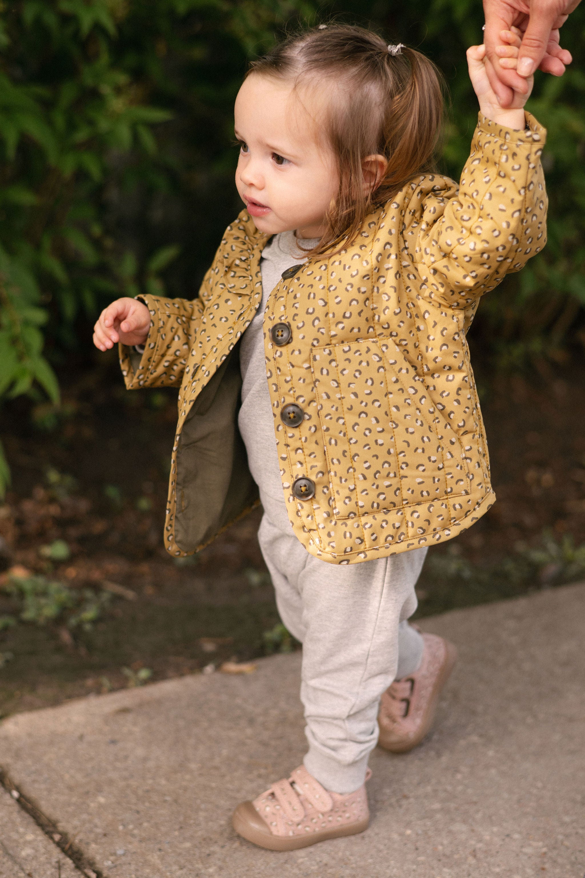Coated Quilted Ruffle Jacket - Spotted- On Model- Side