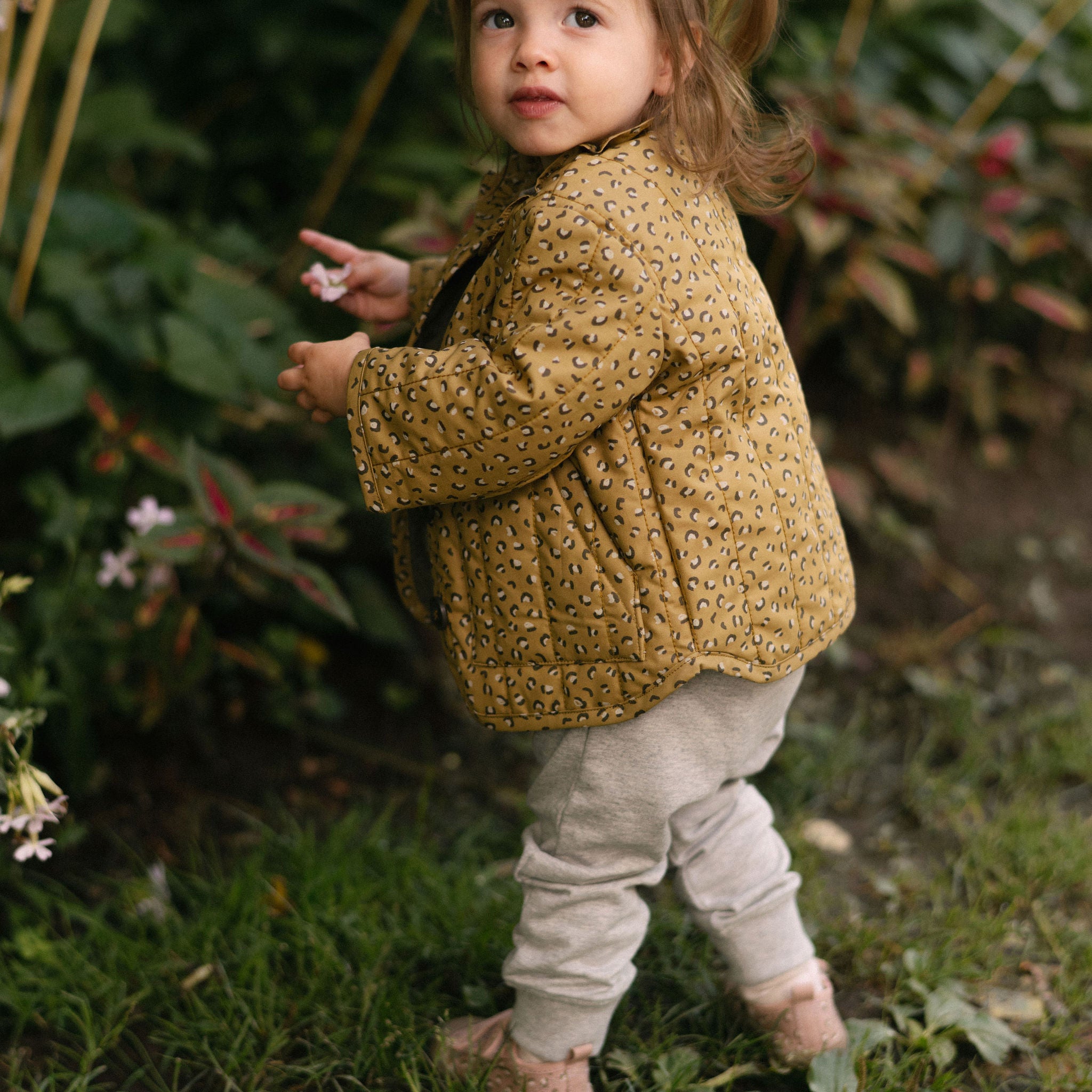 Coated Quilted Ruffle Jacket - Spotted- On Model- Side