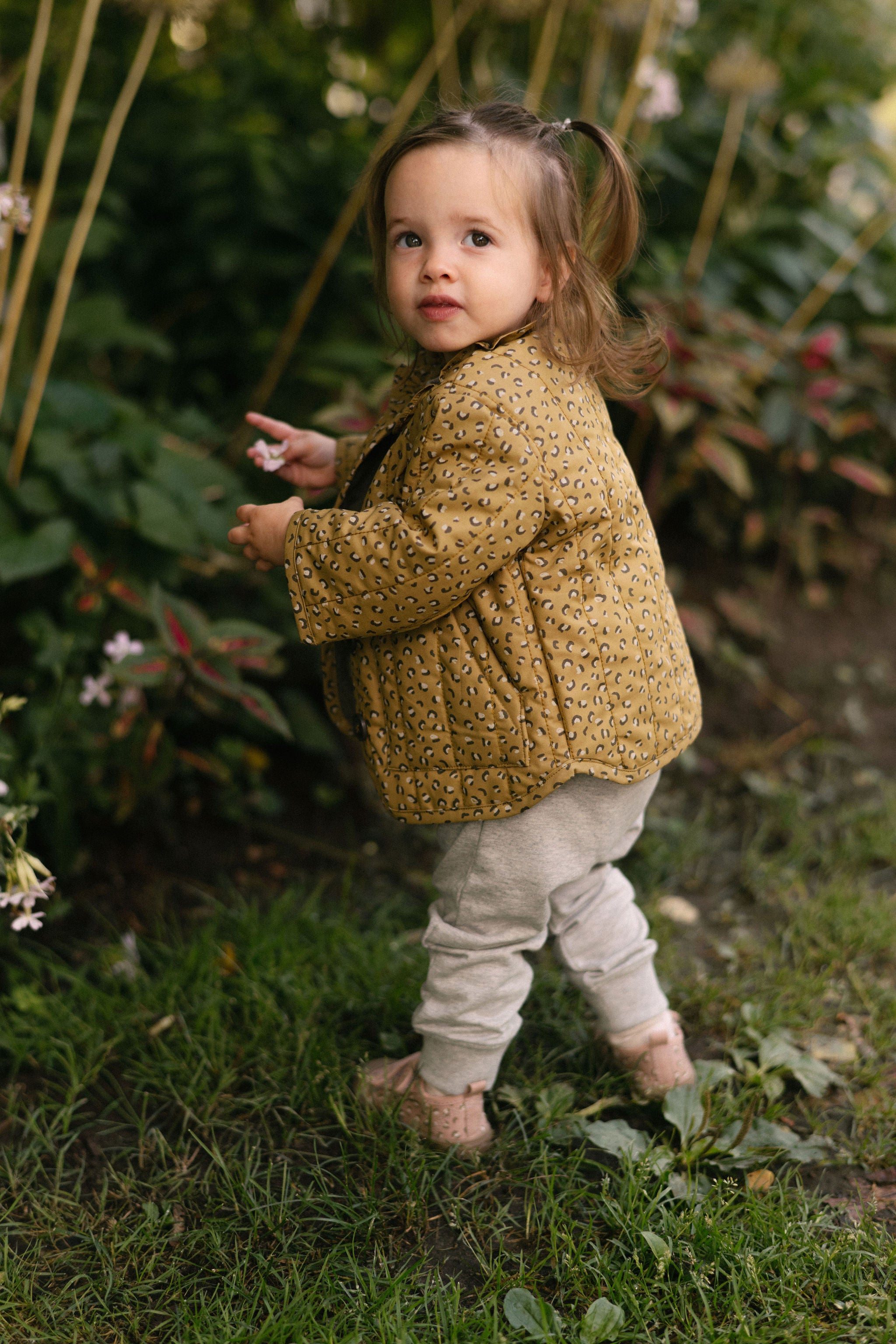 Coated Quilted Ruffle Jacket - Spotted- On Model- Side