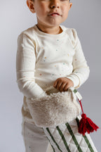 Holiday Stocking - Juniper- Toddler Holding Green Striped Stocking