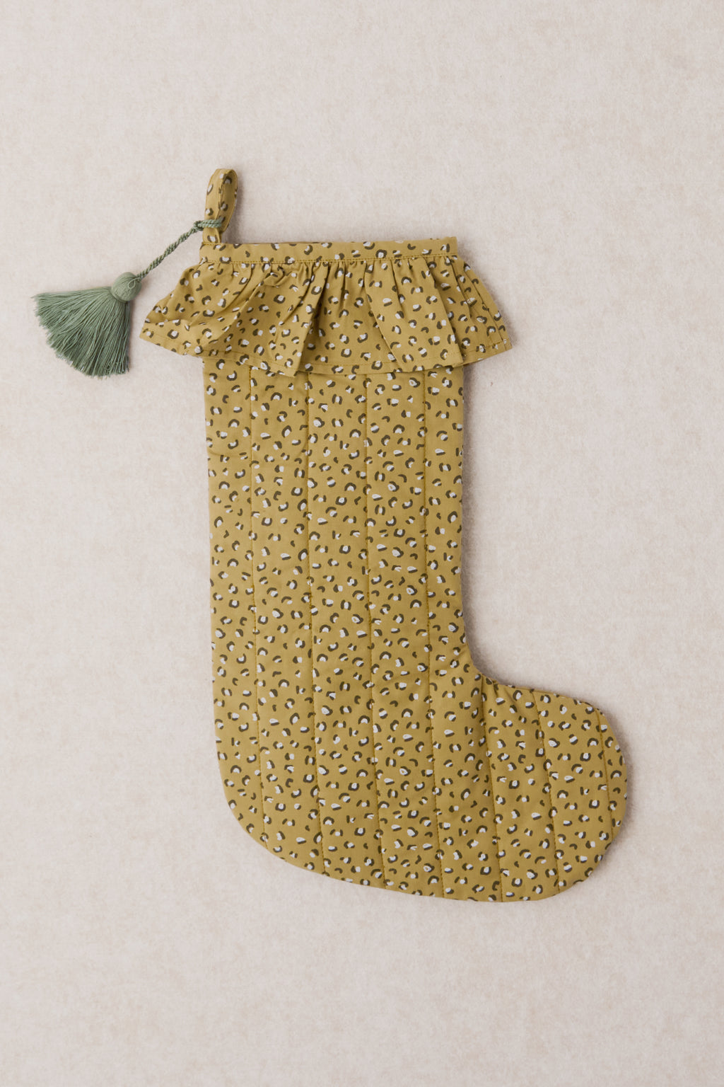 Holiday Stocking Ruffle - Spotted- Animal print with sage tassel