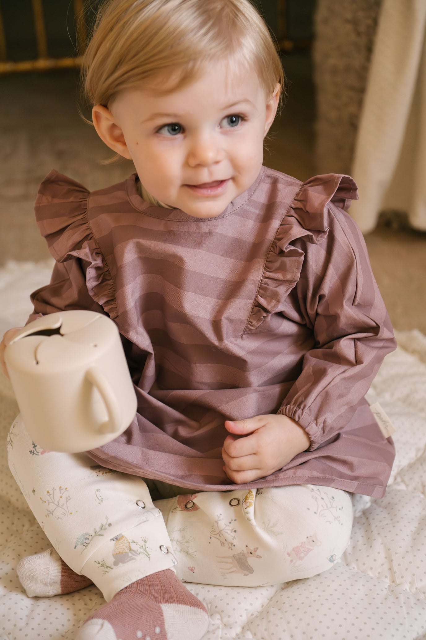 Water Repellent Ruffle Baby Smock - Thistle Stripe