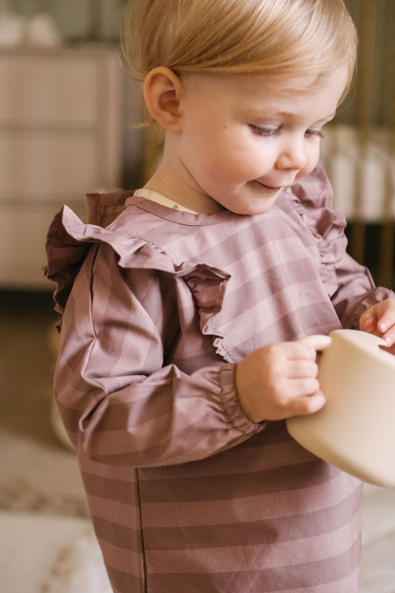 Water Repellent Ruffle Baby Smock - Thistle Stripe