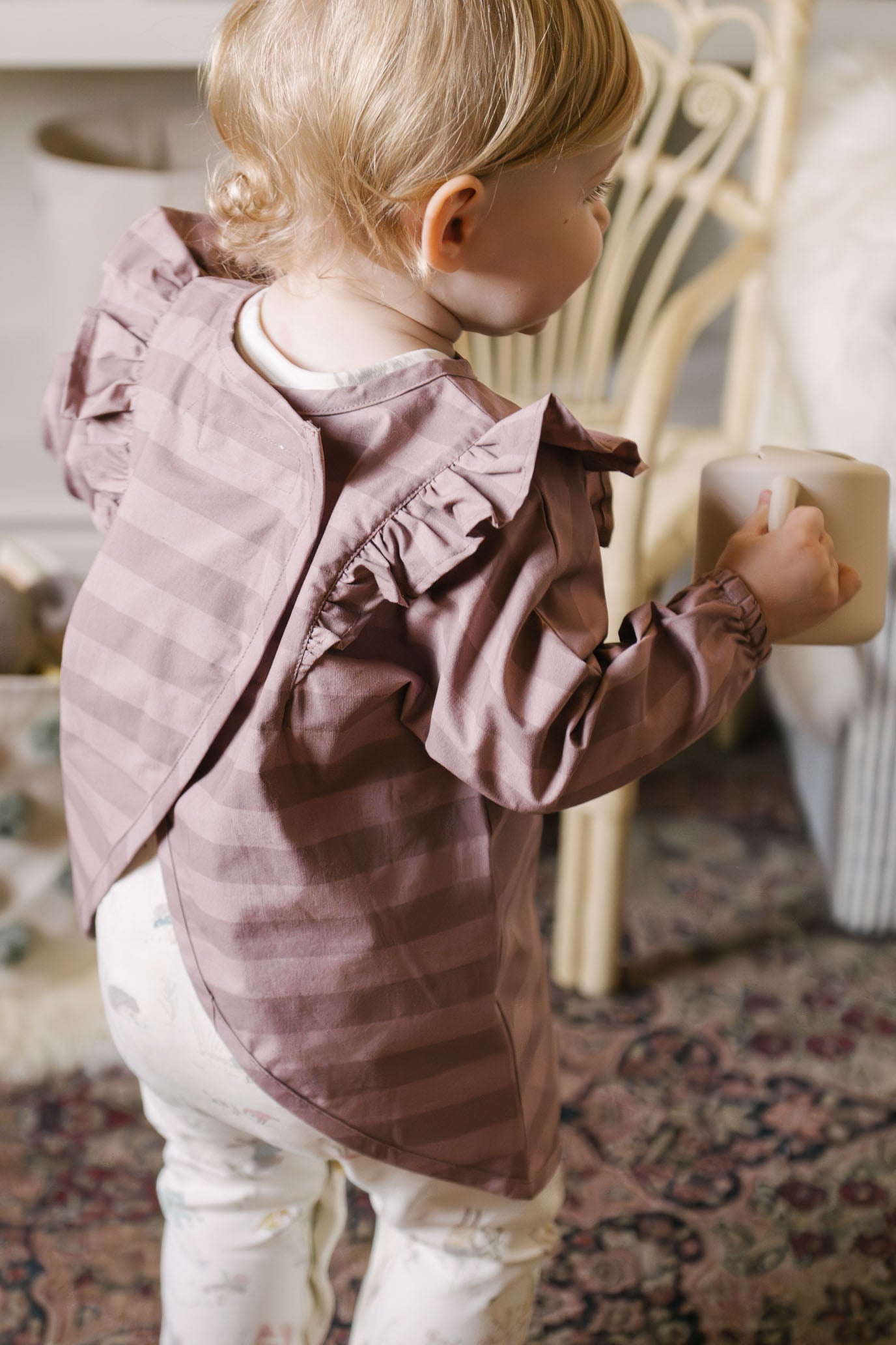Water Repellent Ruffle Baby Smock - Thistle Stripe