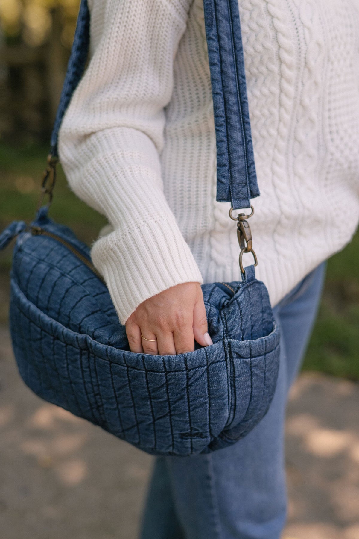 Stroller Organizer Caddy - Vintage Wash- Side- On Model Shoulder- Pockets