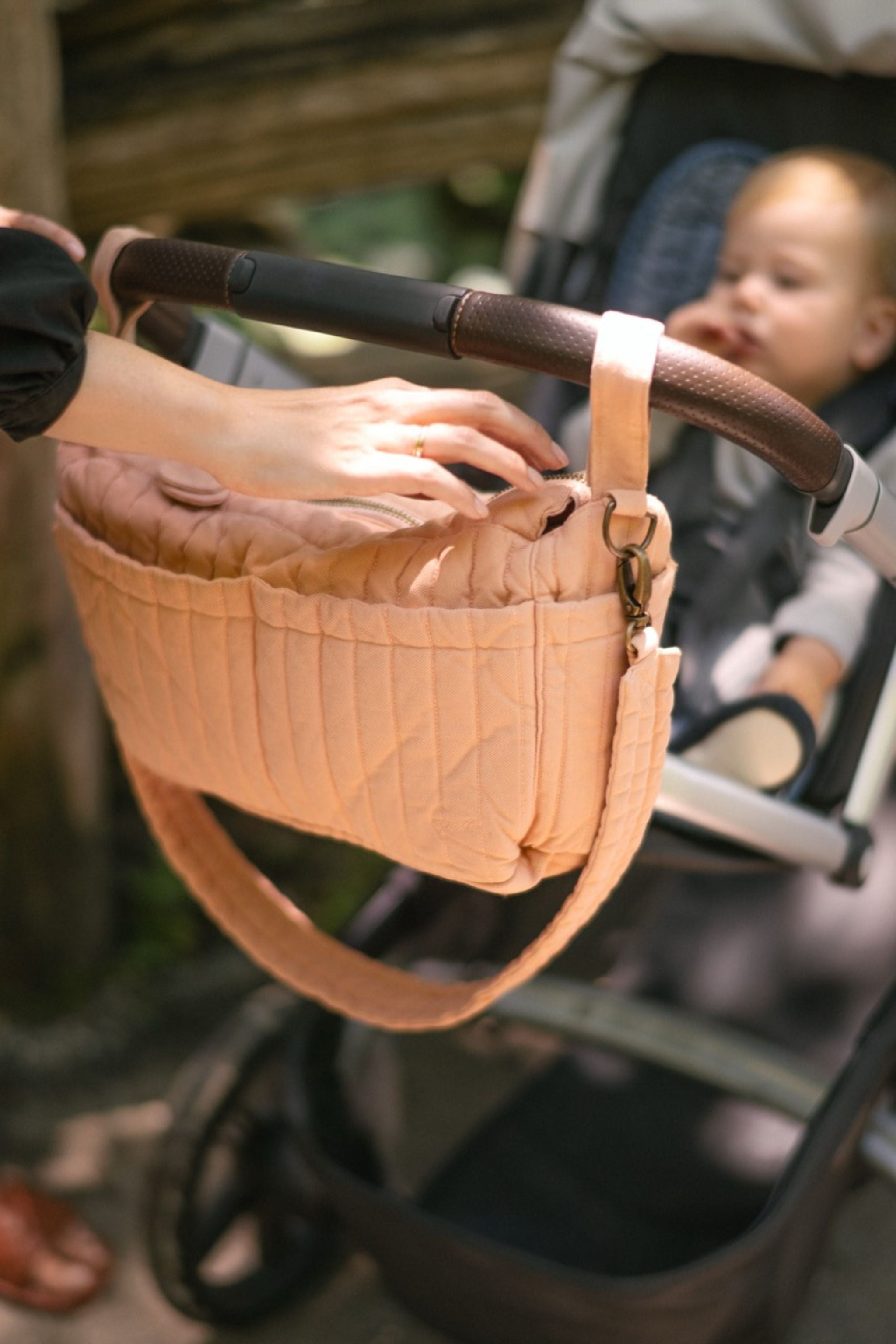 Twill Stroller Organizer Caddy- Peony- On Stroller