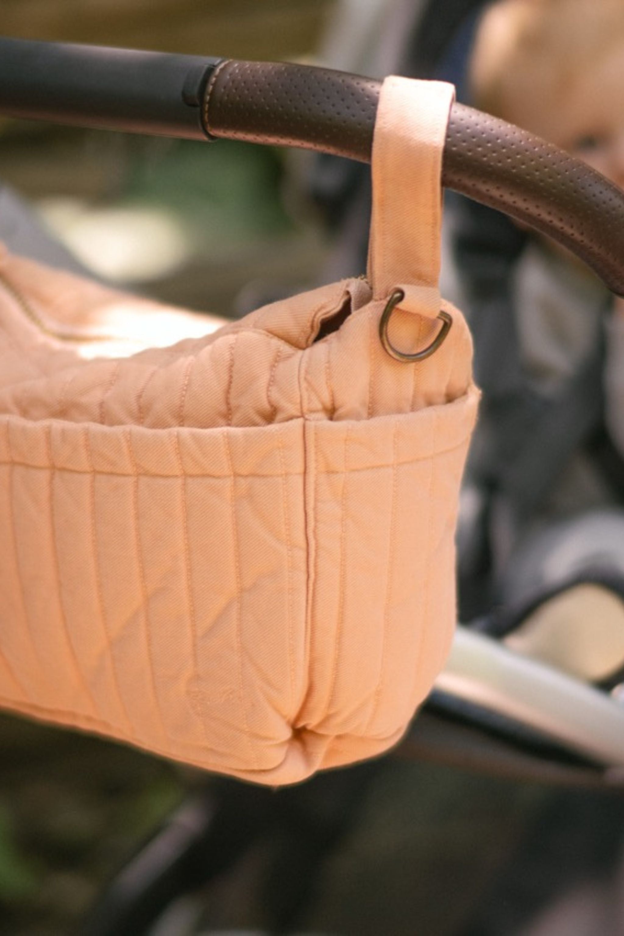 Twill Stroller Organizer Caddy- Peony- On Stroller- Up Close