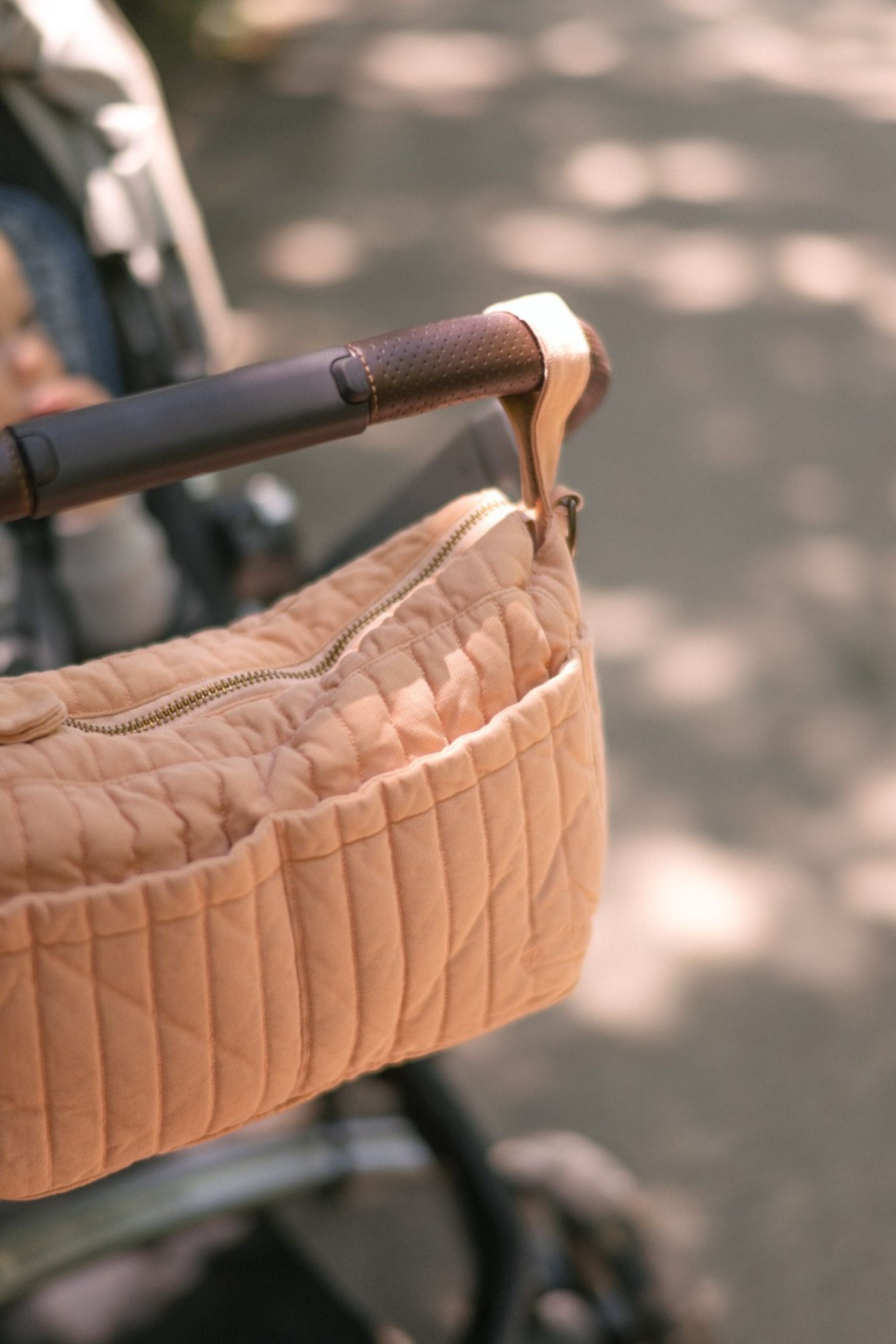 Twill Stroller Organizer Caddy- Peony- On Stroller- Up Close