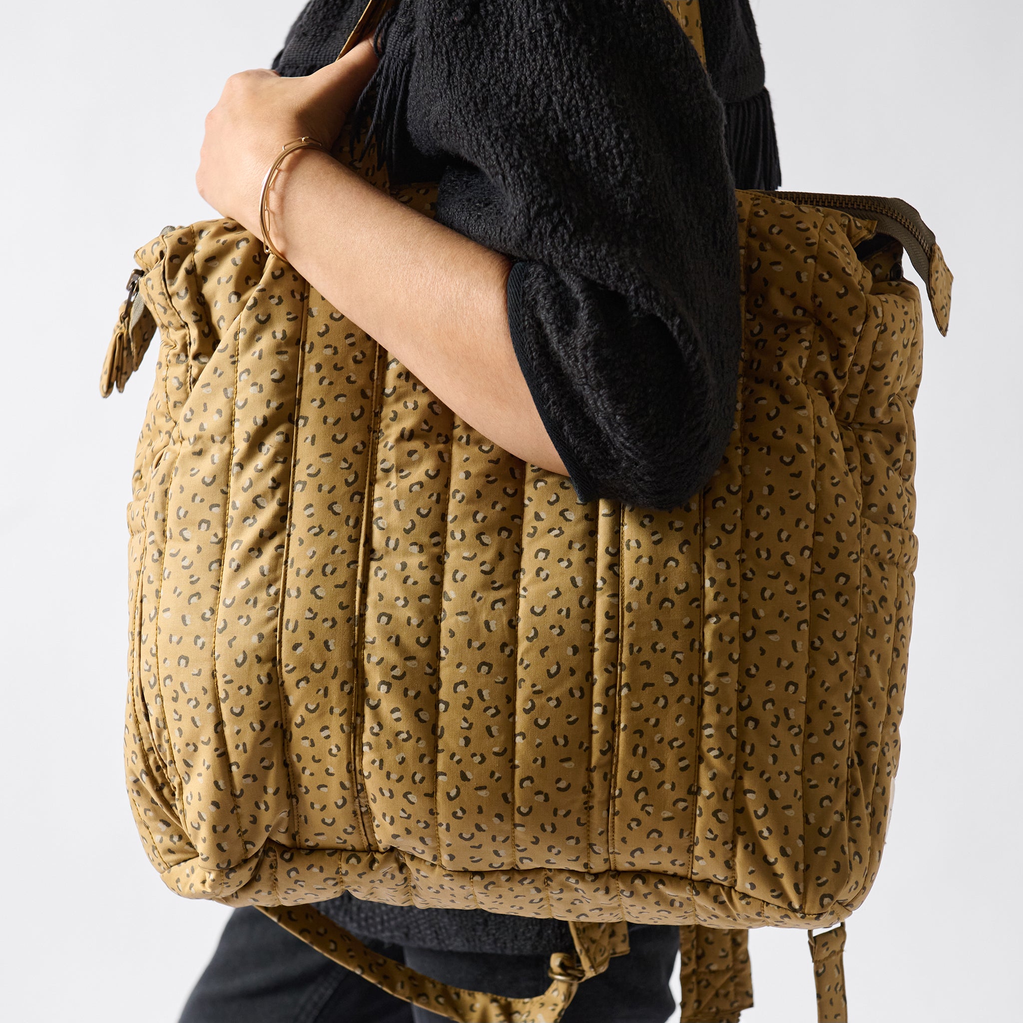 Convertible Diaper Bag- Spotted- On Model Carrying