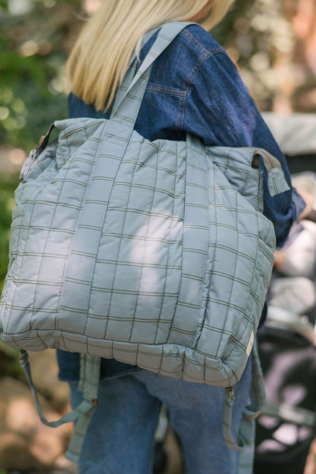Printed Convertible Diaper Bag - Windowpane- On Model- Shoulder- Carrying