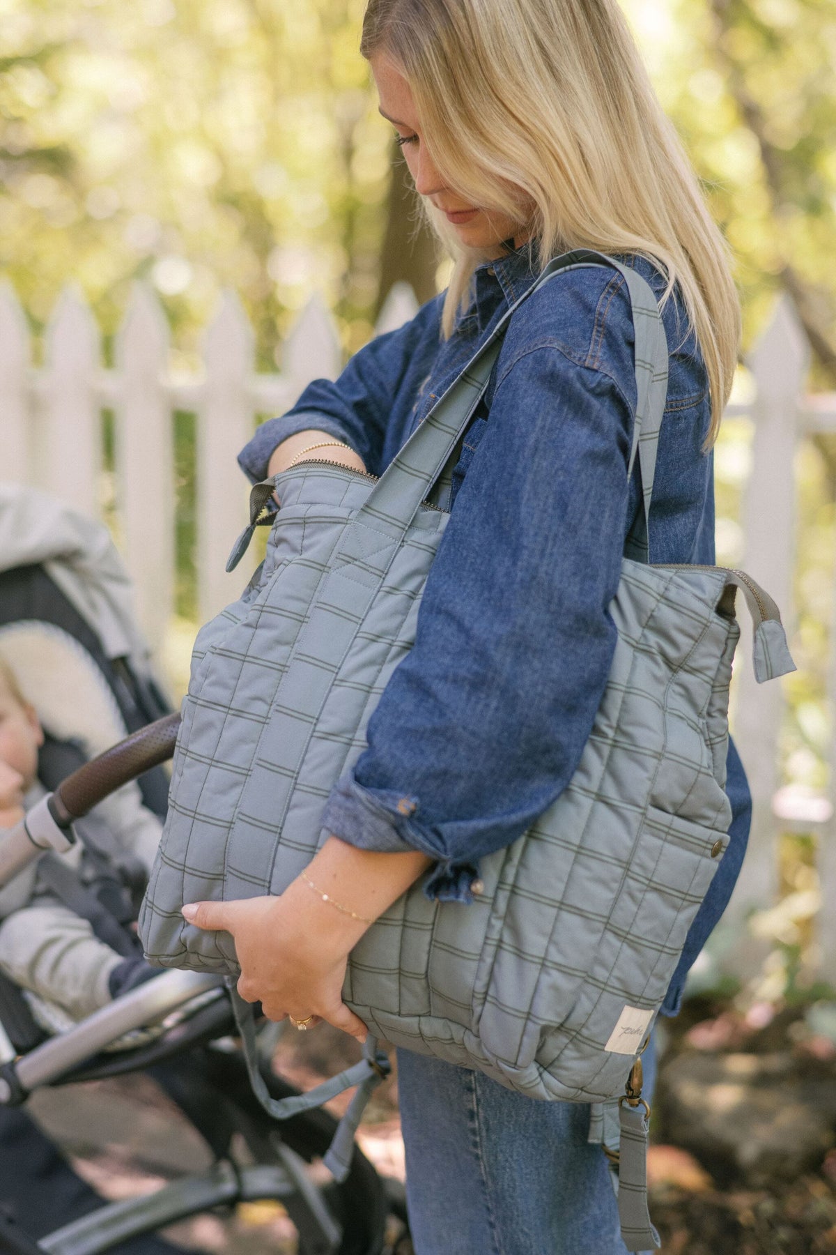 Printed Convertible Diaper Bag - Windowpane- On Model- Side- Shoulder Strap