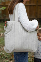 Railroad Convertible Diaper Bag- Model- Side Shot