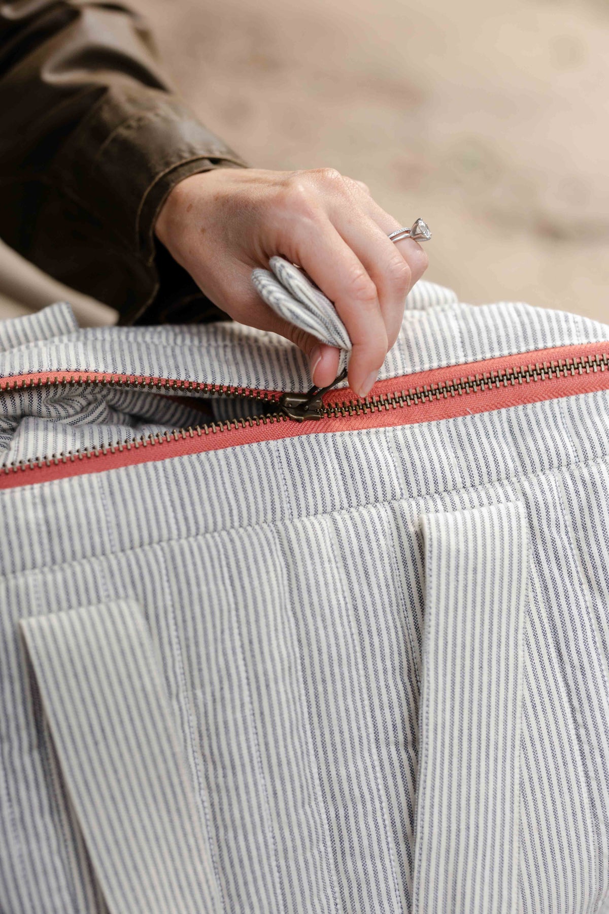 Railroad Convertible Diaper Bag- Up Close Coral Zipper