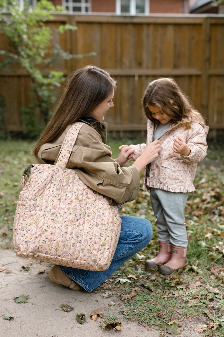 Printed Convertible Diaper Bag - Wildflower- On Model Mom With Toddler- Floral Print