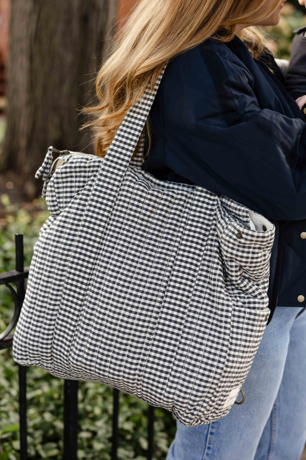 Gingham Convertible Diaper Bag - Indigo- Model Wearing as Tote Bag- Side