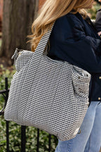 Gingham Convertible Diaper Bag - Indigo- Model Wearing as Tote Bag- Side