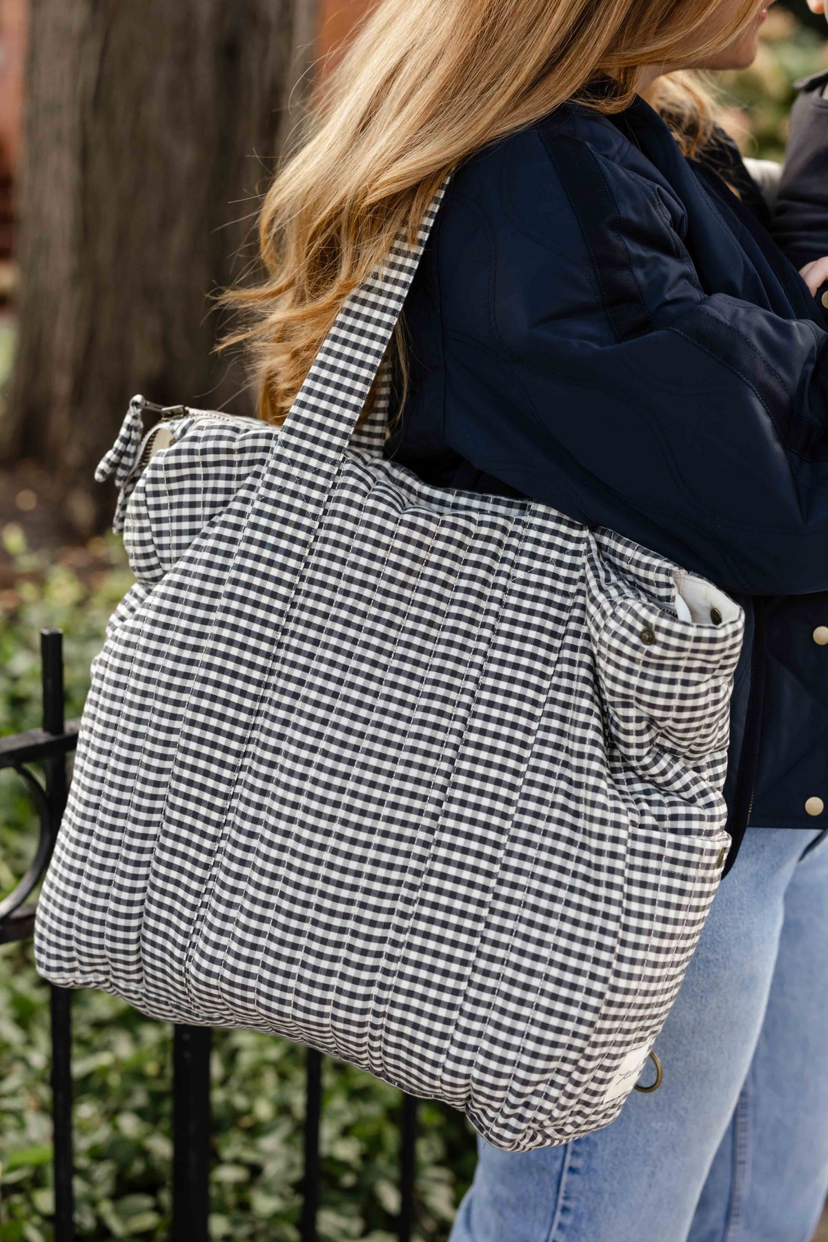 Gingham Convertible Diaper Bag - Indigo- Model Wearing as Tote Bag- Side