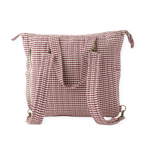 Gingham Convertible Diaper Bag - Mulberry- Back Pack Straps- Hero Back