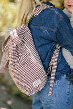 Gingham Convertible Diaper Bag - Mulberry- Up Close- Model Wearing As Backpack