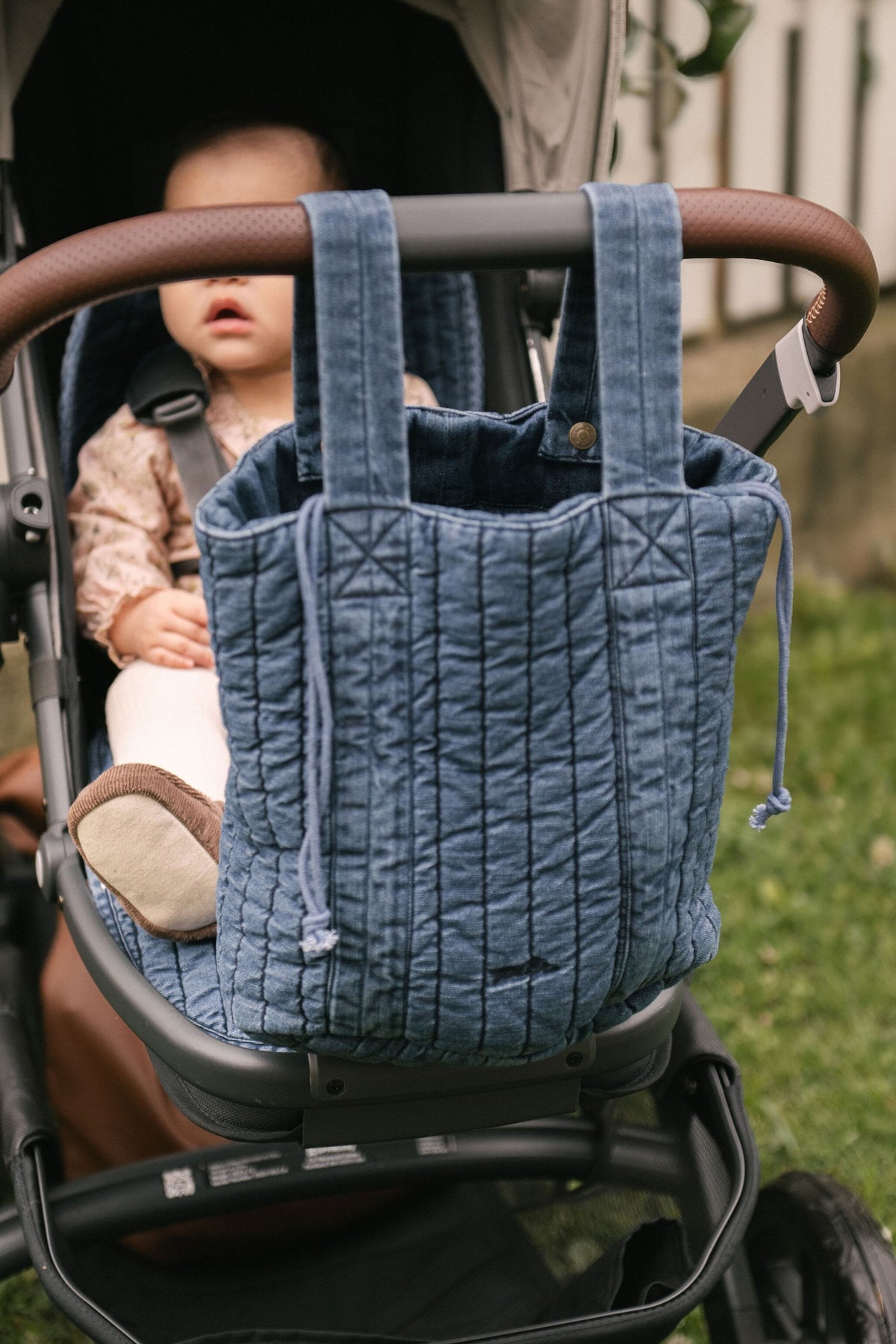 Denim Stroller Bag- Vintage Wash- Front View- On Stroller