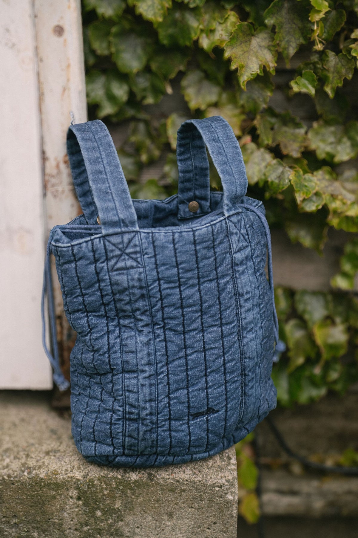 Denim Stroller Bag- Vintage Wash- Front View- Handles