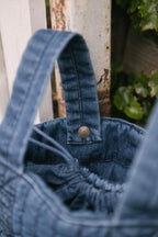 Denim Stroller Bag- Vintage Wash- Up Close- Buttons- Handles
