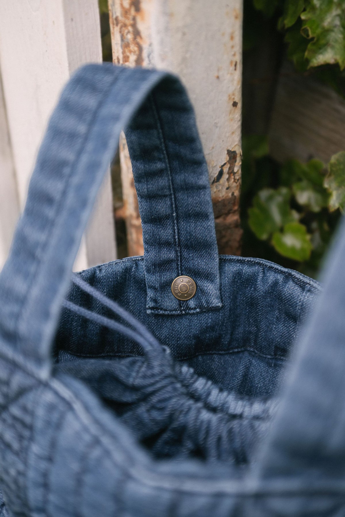 Denim Stroller Bag- Vintage Wash- Up Close- Buttons- Handles