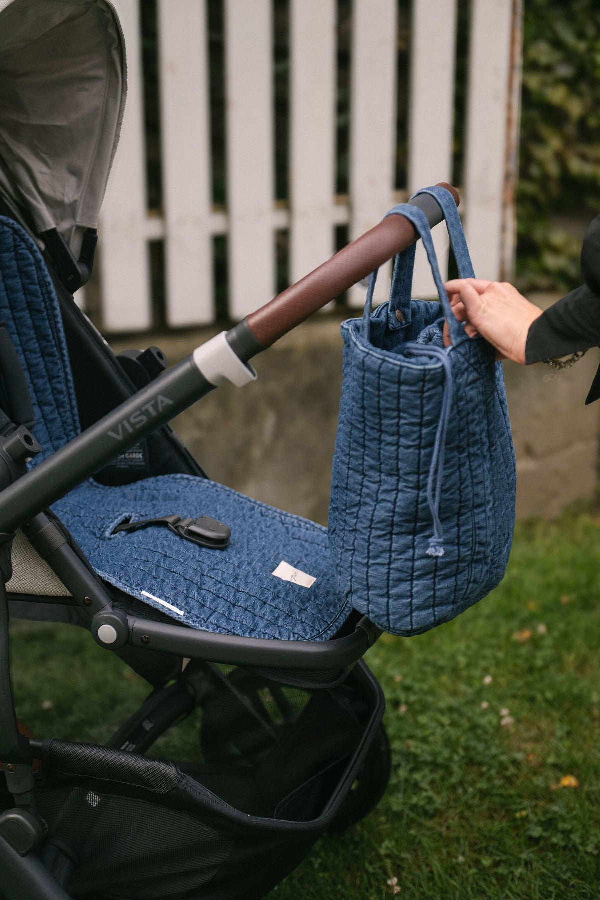 Denim Stroller Bag- Vintage Wash- Hanging on Stroller- Matching Insert