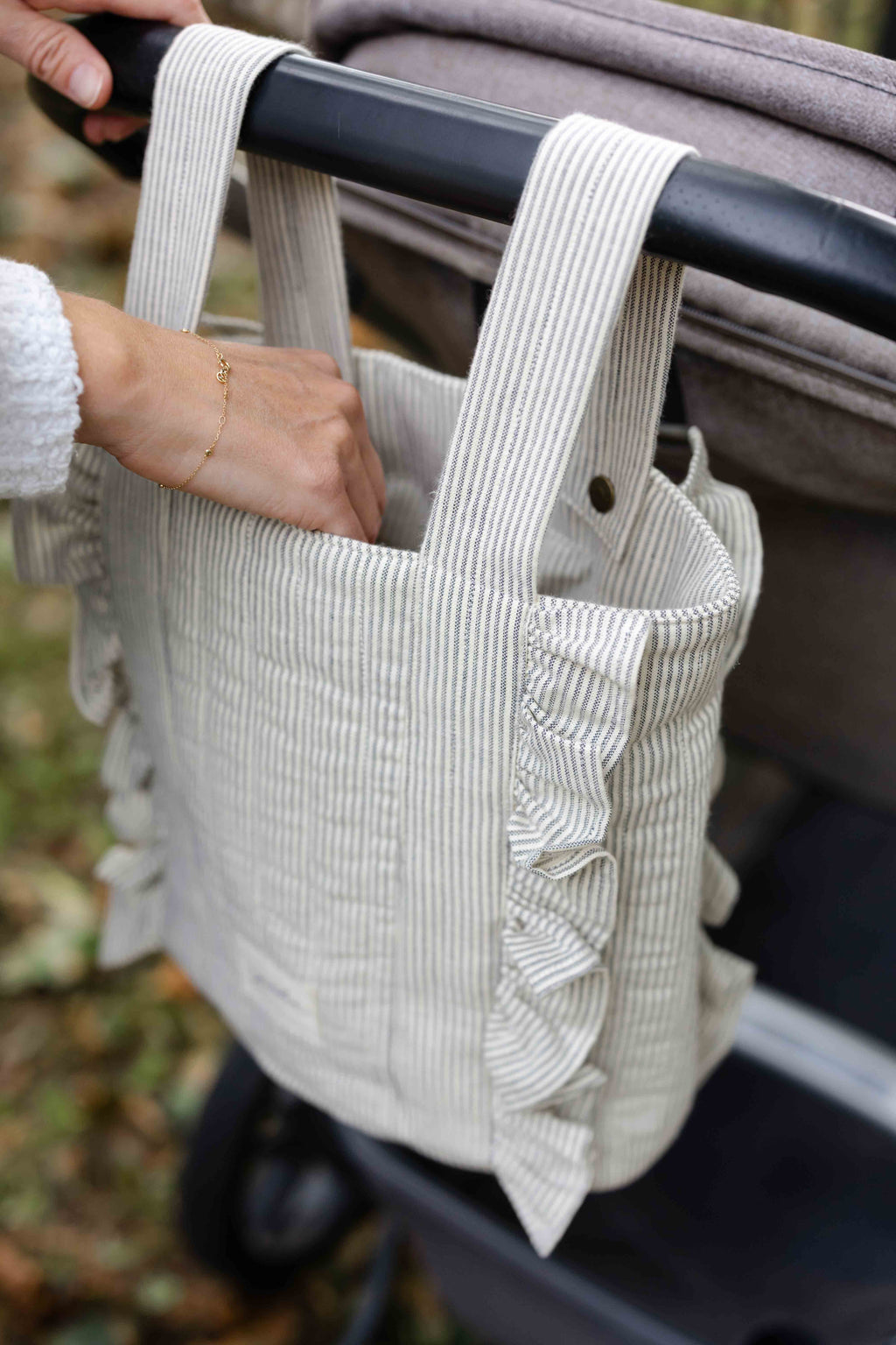 Railroad Stroller Bag- Hanging On Stroller- Grey Stripe