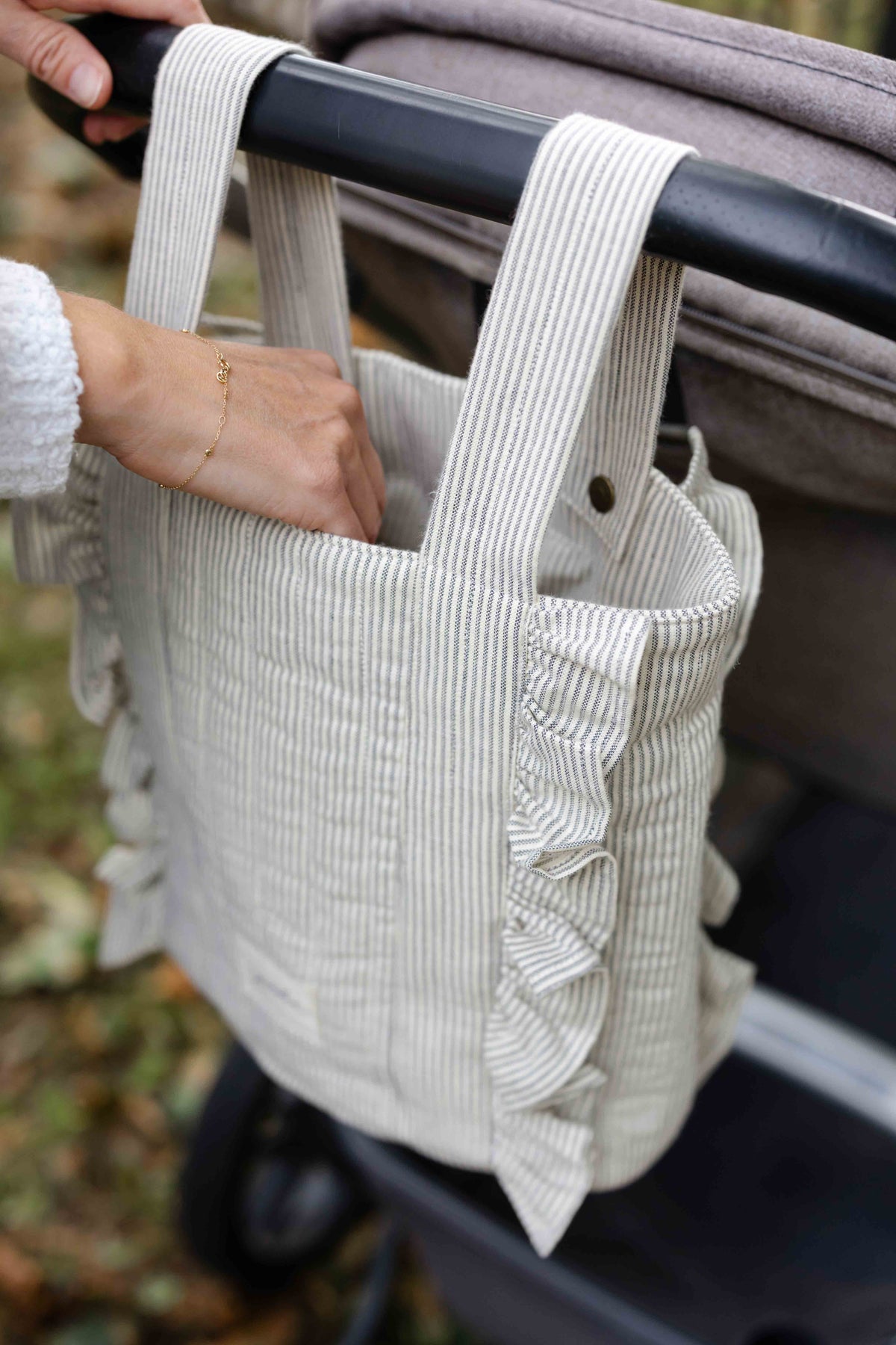 Railroad Stroller Bag- Hanging On Stroller- Grey Stripe
