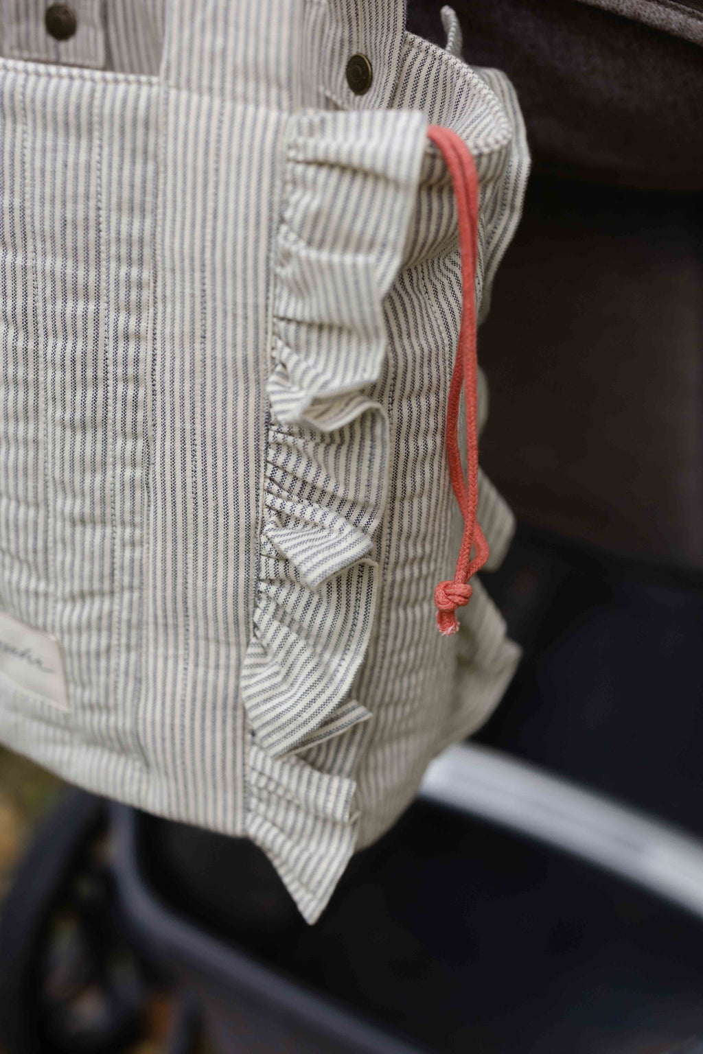 Railroad Stroller Bag- Up Close Side Ruffle- Coral Draw String Accent