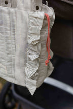 Railroad Stroller Bag- Up Close Side Ruffle- Coral Draw String Accent