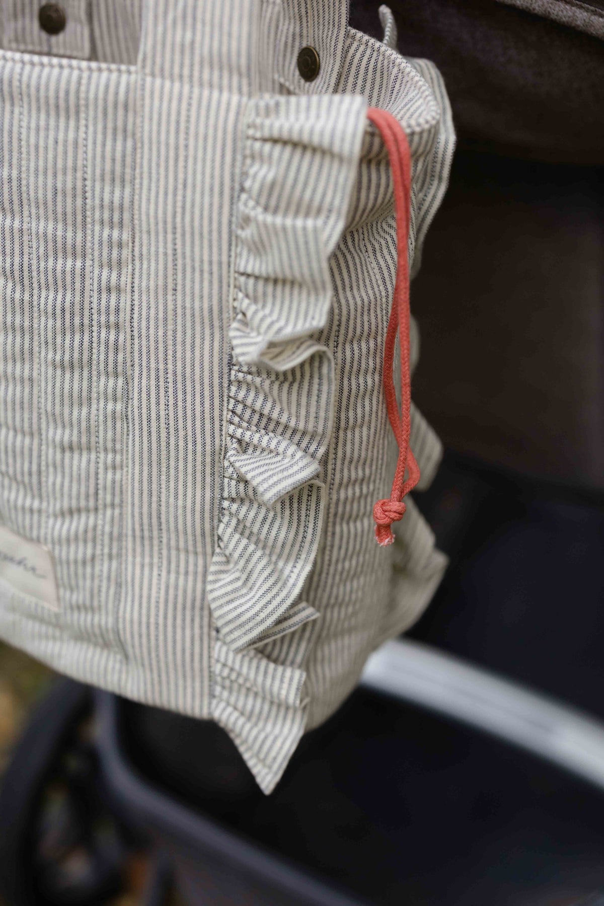 Railroad Stroller Bag- Up Close Side Ruffle- Coral Draw String Accent