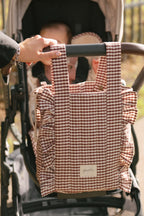 Mulberry Stroller Bag- Front- Hanging Off Stroller By Handles- With Baby