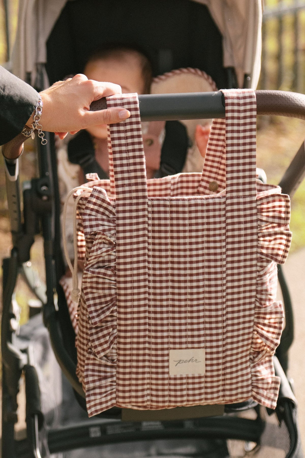 Mulberry Stroller Bag- Front- Hanging Off Stroller By Handles- With Baby
