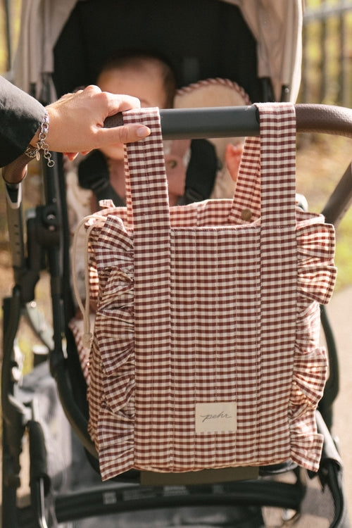 Mulberry Stroller Bag- Front- Hanging Off Stroller By Handles- With Baby