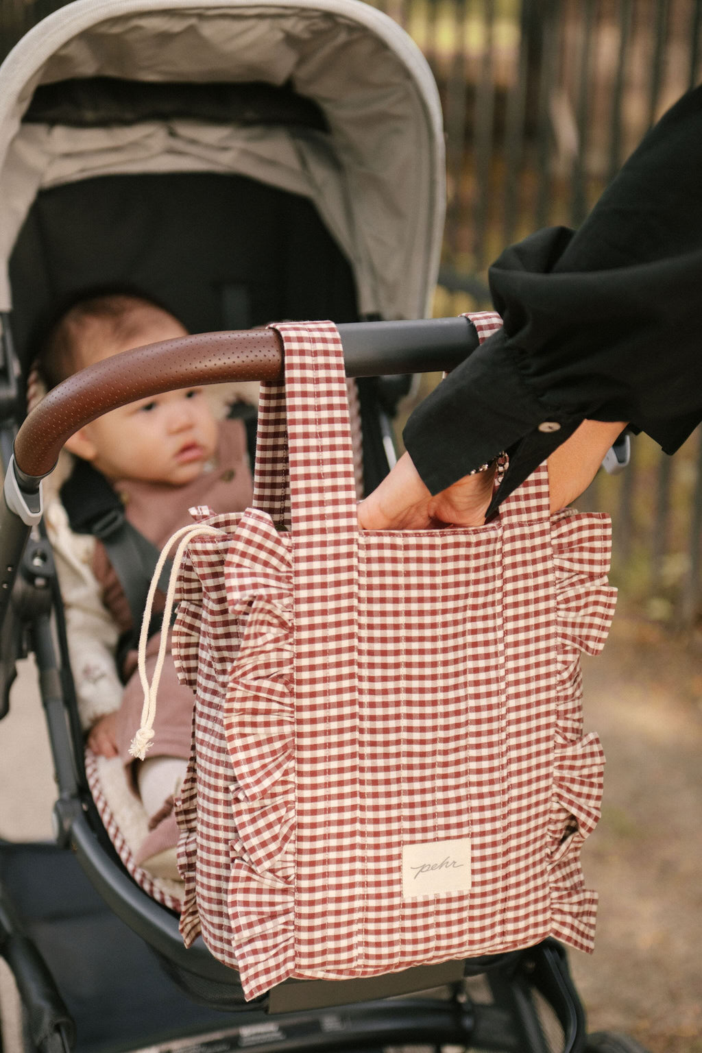 Mulberry Stroller Bag- Side- Hanging Off Stroller By Handles- With Baby