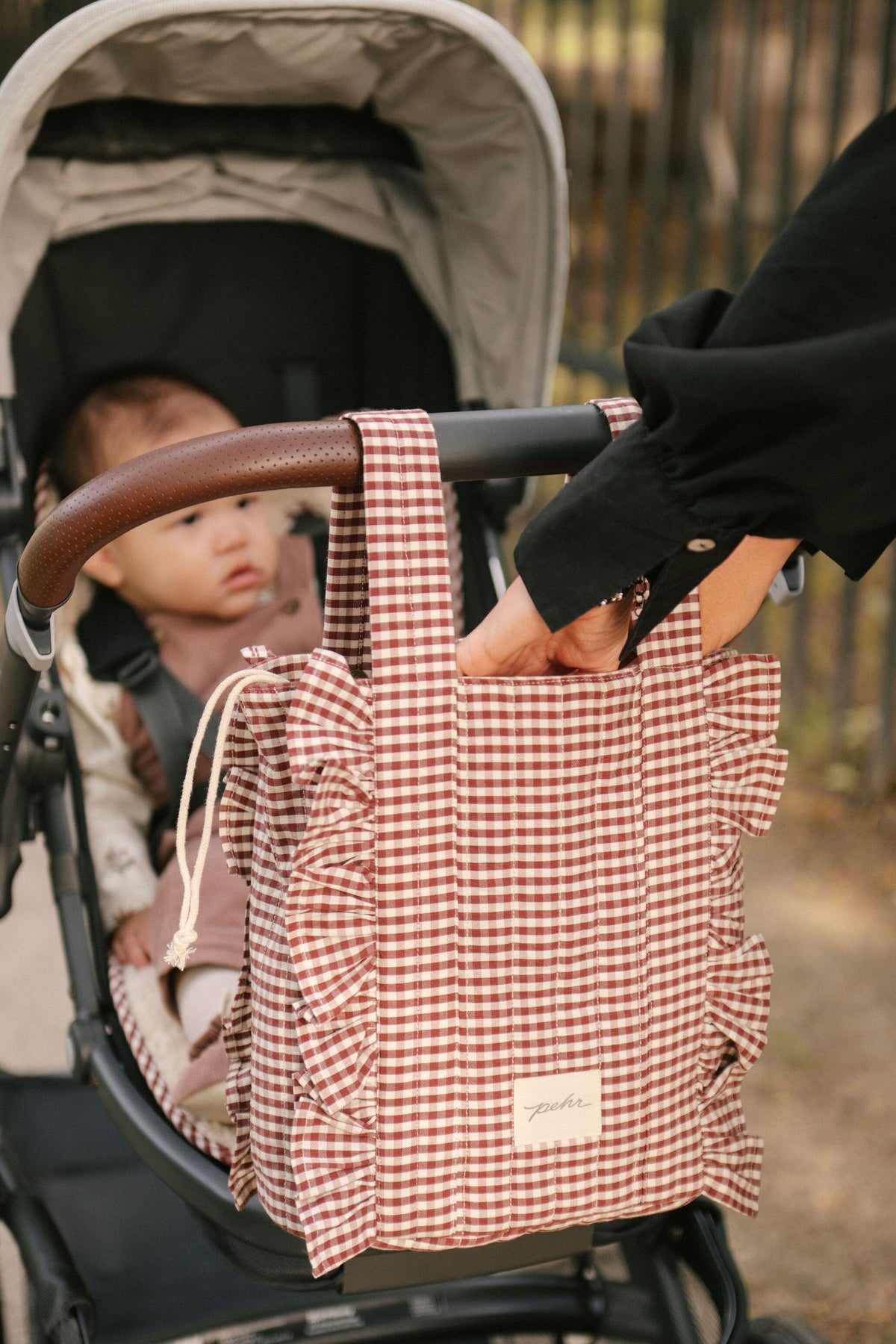 Mulberry Stroller Bag- Side- Hanging Off Stroller By Handles- With Baby