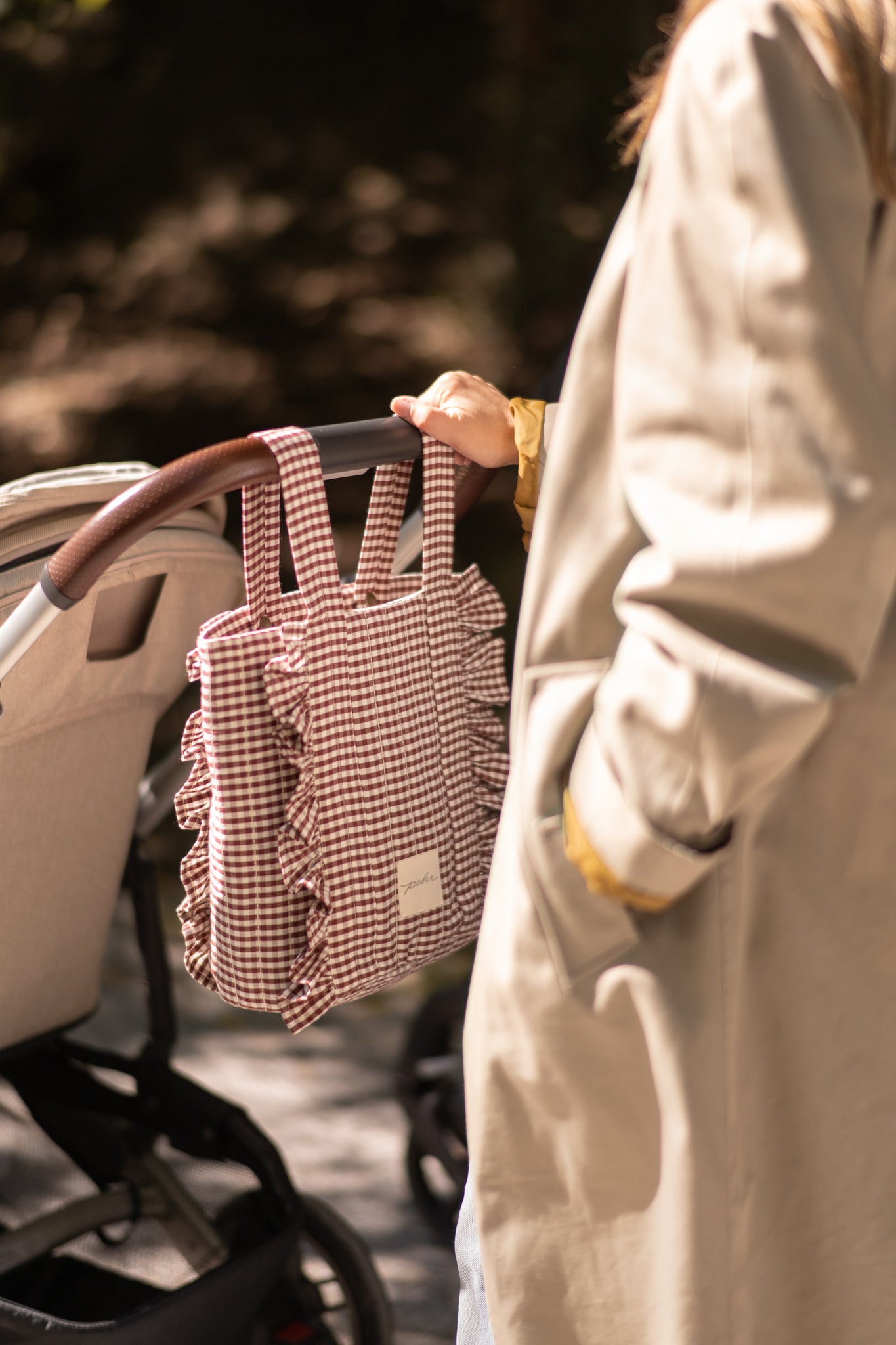 Mulberry Stroller Bag- Front View hanging from Stroller