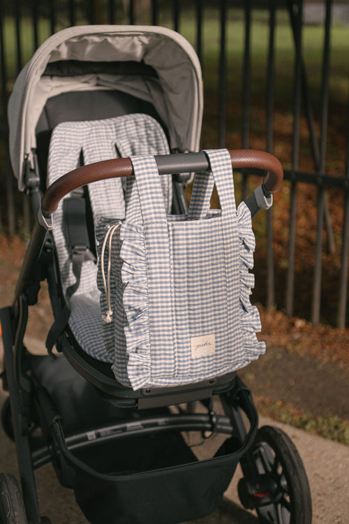 Stroller Bag- Harbor- Hanging By Handles On Stroller- Matching Gingham Stroller Insert