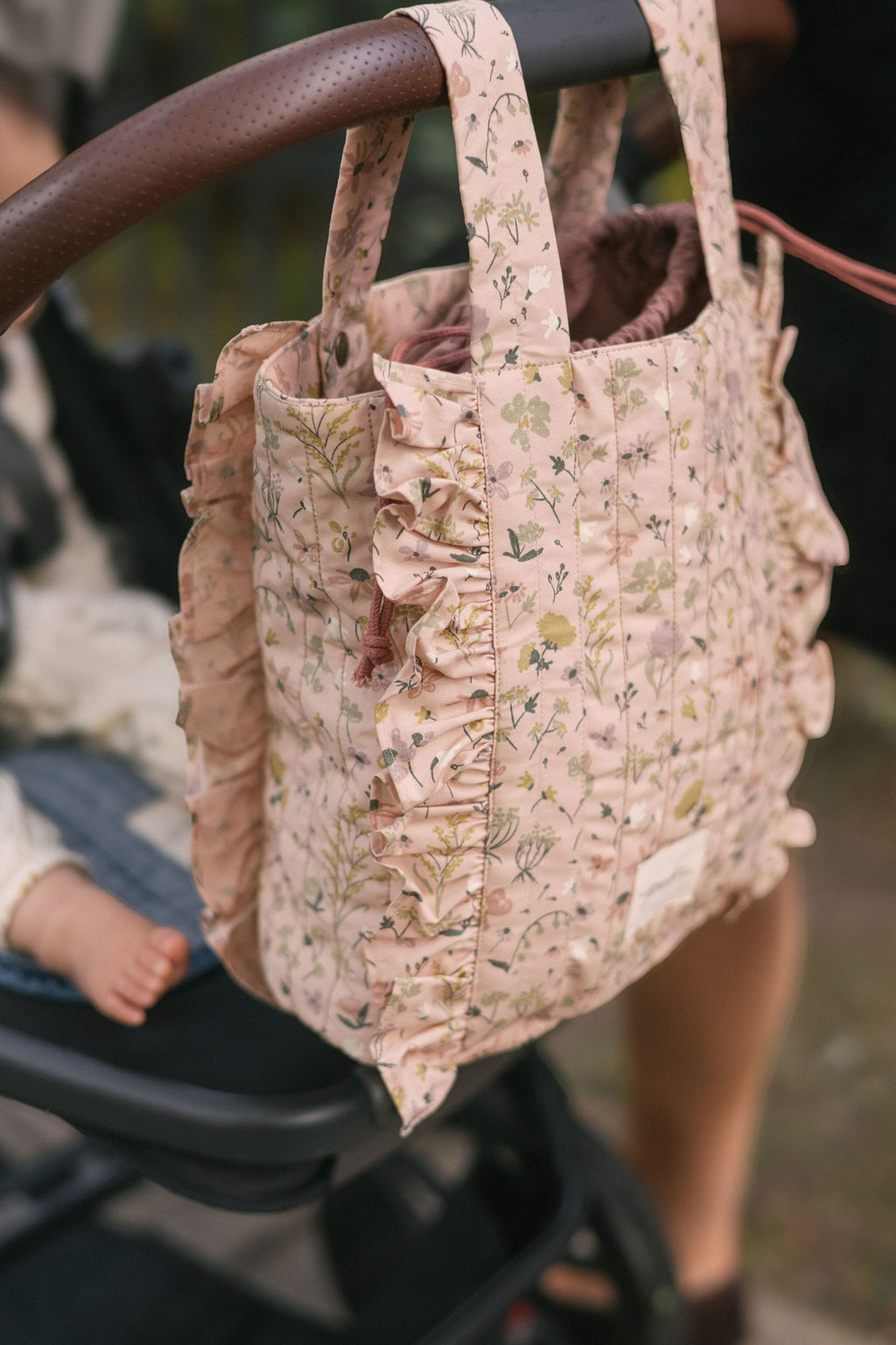 Stroller Bag- Wildfllower- Side- Hanging By Handles On Stroller With Baby