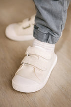 Recess Sneakers- Sand- Up Close On Model- Pull and Loop Straps