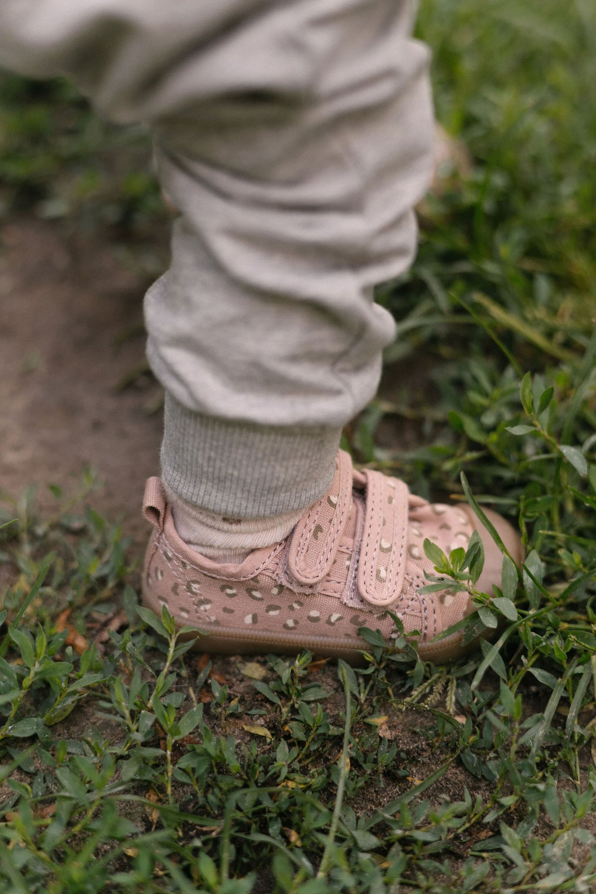 Printed Recess Sneakers - Spotted Pink- On Model- Close Up- Pull and Loop Straps