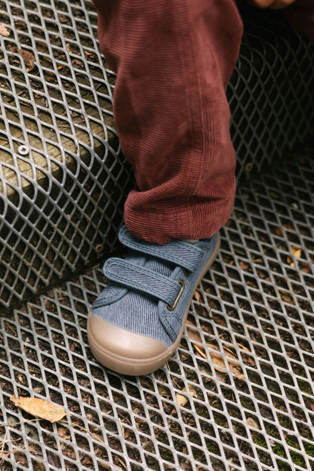 Twill Recess Sneakers - Indigo - On Toddler- Up Close- Pull and Loop Straps
