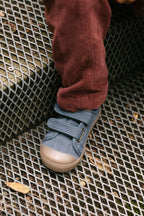 Twill Recess Sneakers - Indigo - On Toddler- Up Close- Pull and Loop Straps
