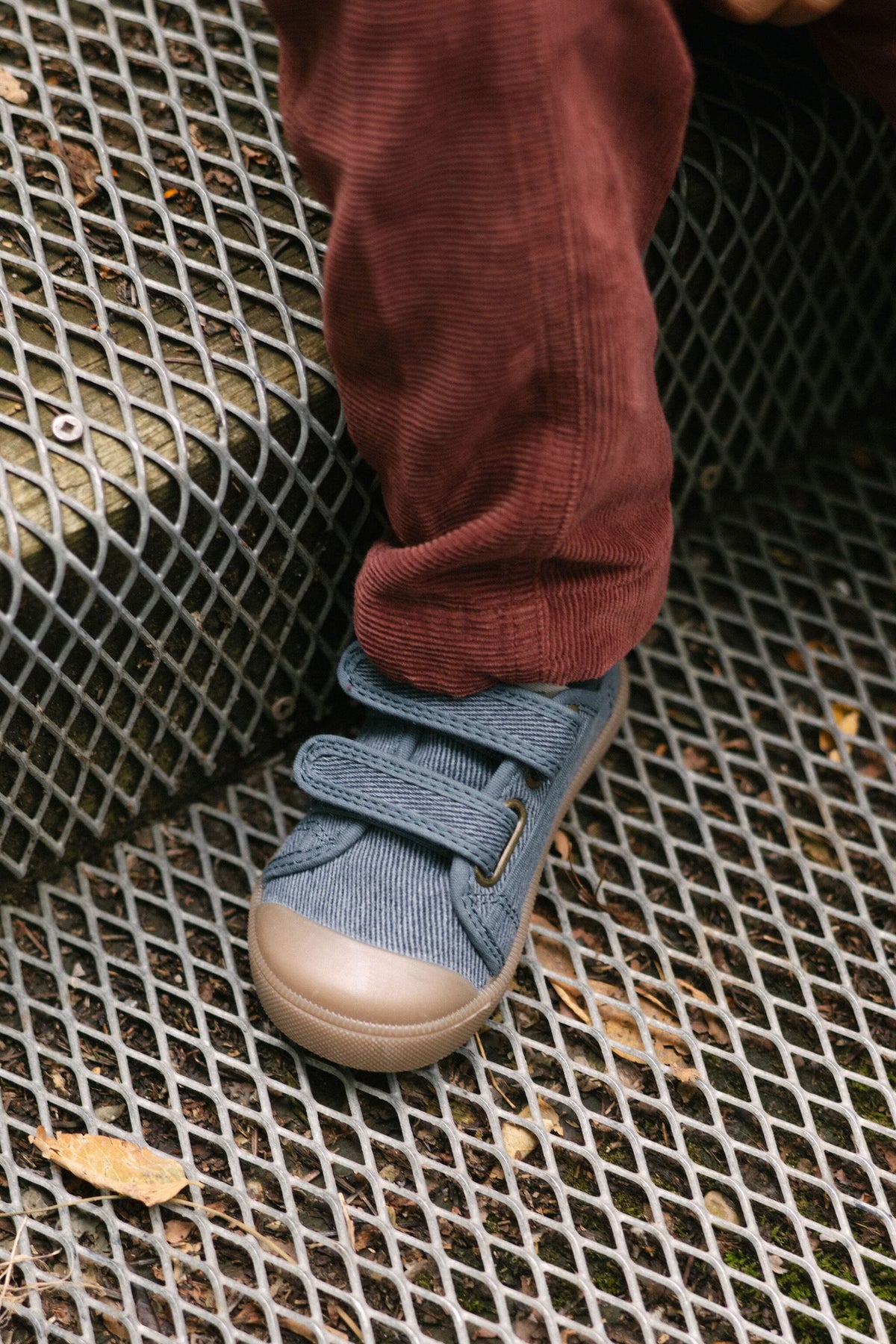Twill Recess Sneakers - Indigo - On Toddler- Up Close- Pull and Loop Straps