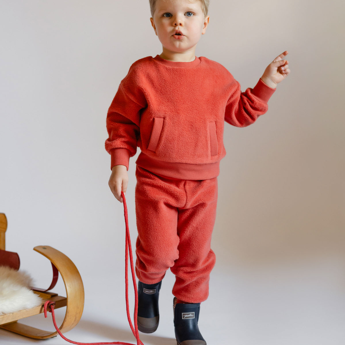 Teddy Fleece Set - Apple- On Toddler- Front Kangaroo Pouch